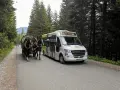 Konny zaprzęg i elektryczny bus na drodze do Morskiego Oka. Bilety na przejazd można kupić w kasie.