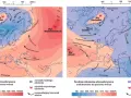 Na mapach widać, gdzie jest wyższe ciśnienie w górach czy nad morze. Lewa mapa pokazuje wyż azorski i niż islandzki, prawa wyż wschodniopółnocnoatlantycki.