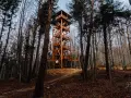 Drewniana wieża widokowa Ferdel wznosi się pośród jesiennego lasu, zapraszając do podziwiania panoramy.