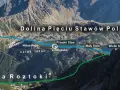 Widok na Dolinę Pięciu Stawów Polskich z zaznaczonymi szlakami i schroniskiem.