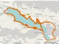 Mapa z zaznaczoną pomarańczową obwódką wokół jeziora. Widoczne miejscowości: Czorsztyn, Niedzica, Frydman. Idealna velo czorsztyn trasa.