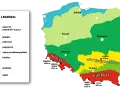 Mapa Polski z legendą przedstawiającą podział na niziny, wyżyny i góry, z zaznaczonymi głównymi pasmami górskimi.
