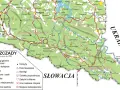 Mapa Bieszczad z zaznaczonymi drogami, lasami, jeziorami, rzekami, miastami i innymi punktami.