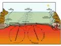 Ilustracja przedstawia przekrój Ziemi ukazujący ruchy płyt tektonicznych, grzbiet śródoceaniczny, strefę subdukcji i łuk wysp wulkanicznych.