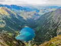 Widok na Morskie Oko z góry. W dole błękitna tafla jeziora otoczona lasem i górami. Kamera uchwyciła parking w oddali.