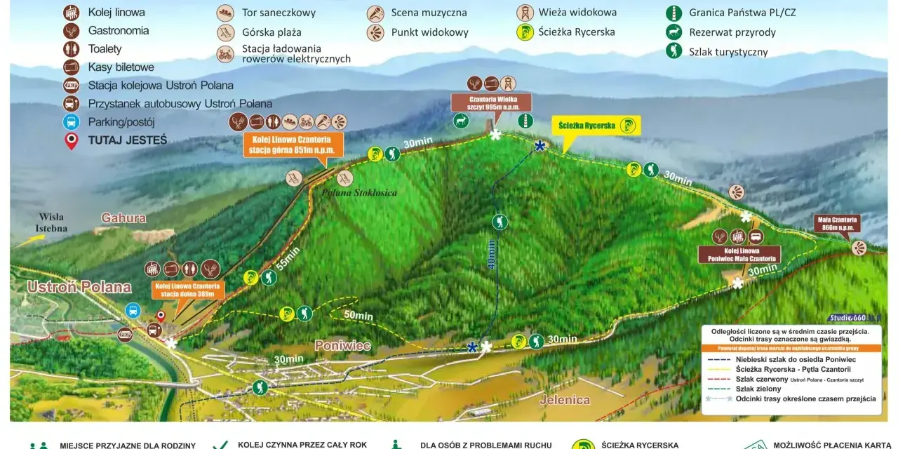 Mapa turystyczna Czantorii z zaznaczonymi atrakcjami: kolej linowa, wieża widokowa, ścieżka Rycerska.