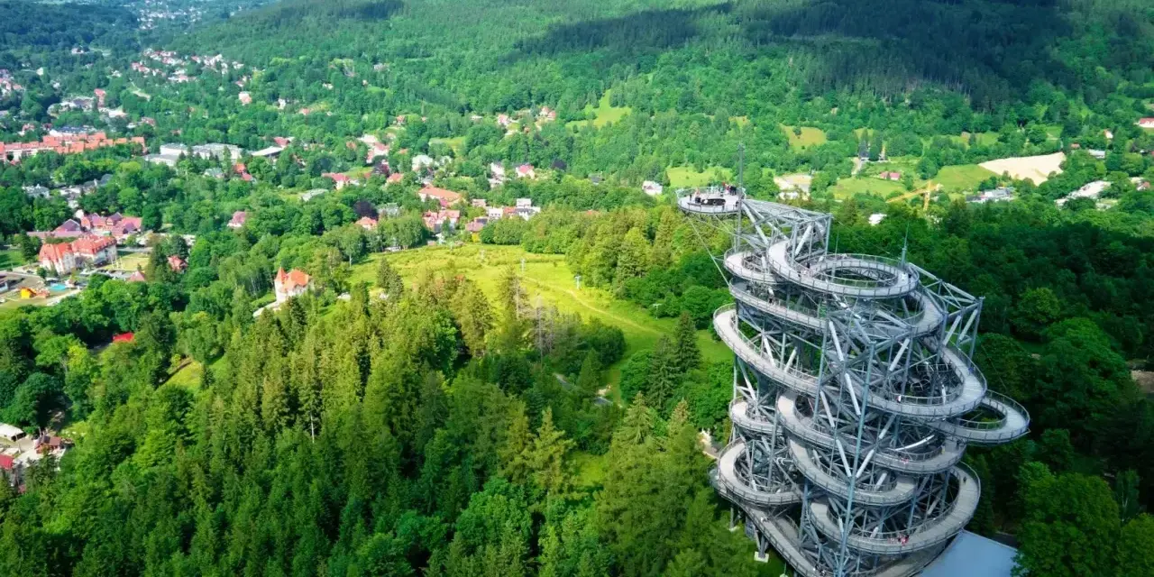 Widok na wieżę widokową w otoczeniu lasów i miasteczka. Idealne miejsce, gdzie w góry można wybrać się na spacer i podziwiać panoramę.