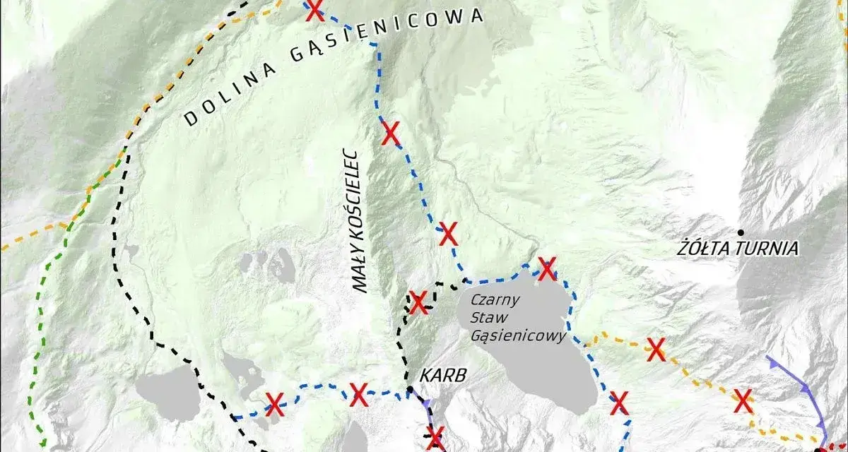 Mapa Tatr z zaznaczonymi czerwonymi krzyżykami, wskazującymi na **zamknięte szlaki Tatry**. Widoczne nazwy: Dolina Gąsienicowa, Mały Kościelec, Czarny Staw Gąsienicowy.