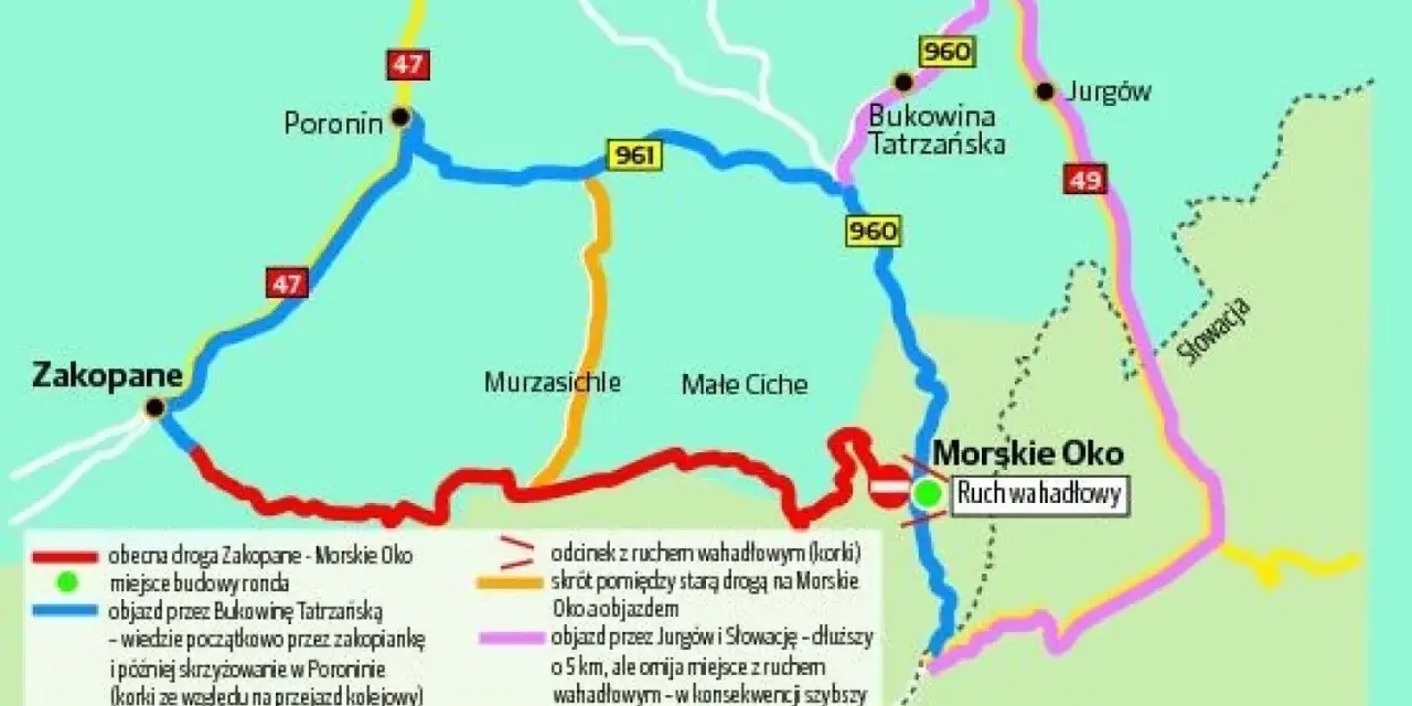 Mapa pokazuje, jak dojechać z Bukowiny Tatrzańskiej do Morskiego Oka. Dostępne są różne trasy, w tym objazdy i drogi z ruchem wahadłowym.