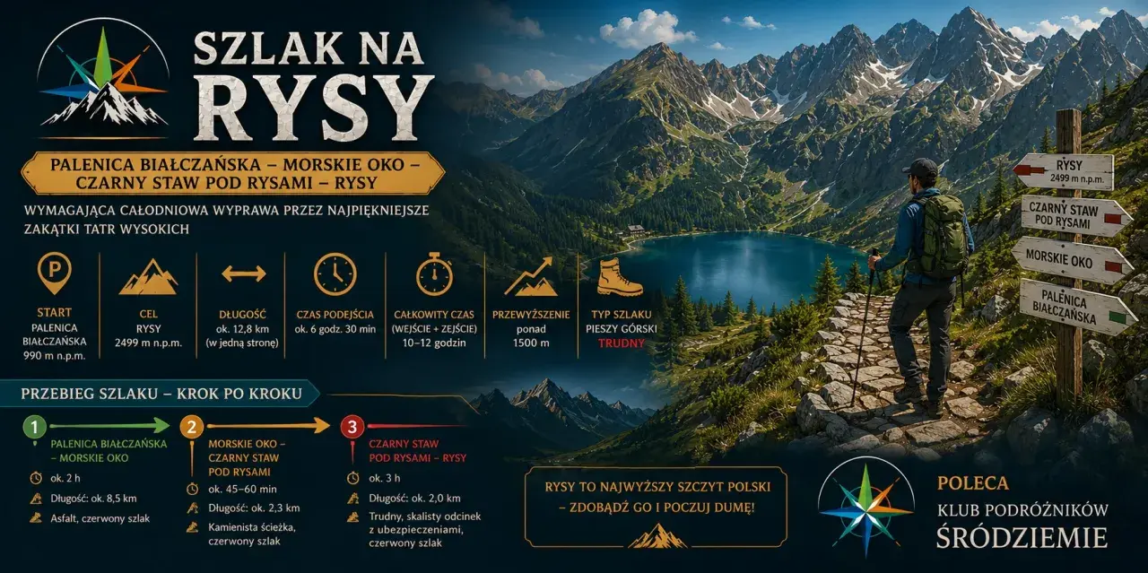Wędrowiec z plecakiem na tle górskiego jeziora i szczytów. Szlak na Rysy, wymagająca trasa, gdzie najtrudniejsze momenty czekają na szczycie.