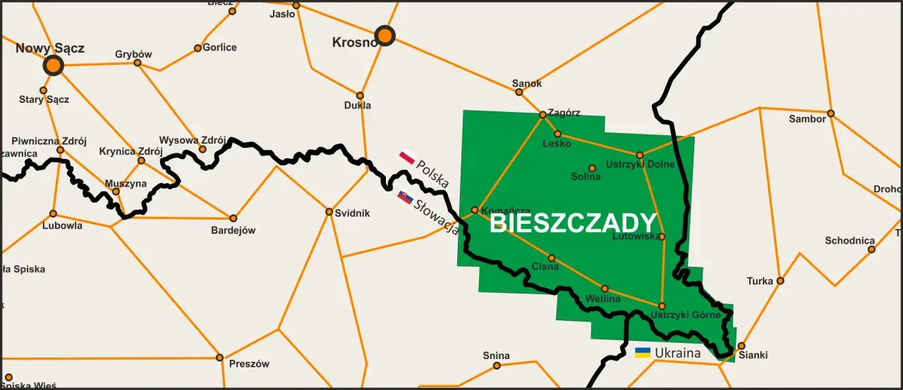 Mapa drogowa Bieszczad, województwo podkarpackie. Zaznaczone miasta: Sanok, Lesko, Ustrzyki Dolne, Wetlina, Cisna. Granice z Polską, Słowacją i Ukrainą.