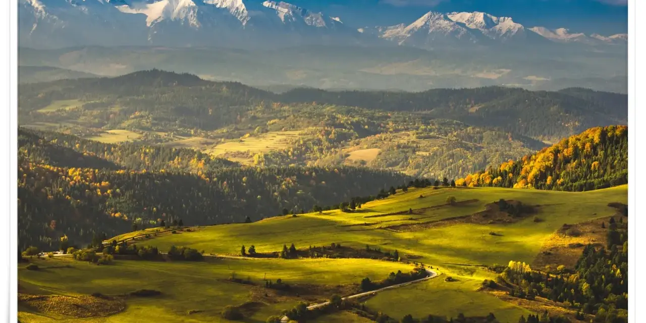 Widok na Tatry z ośnieżonymi szczytami, w tym Trzy Korony. Jesienne wzgórza pokryte złotymi liśćmi i zielonymi łąkami.