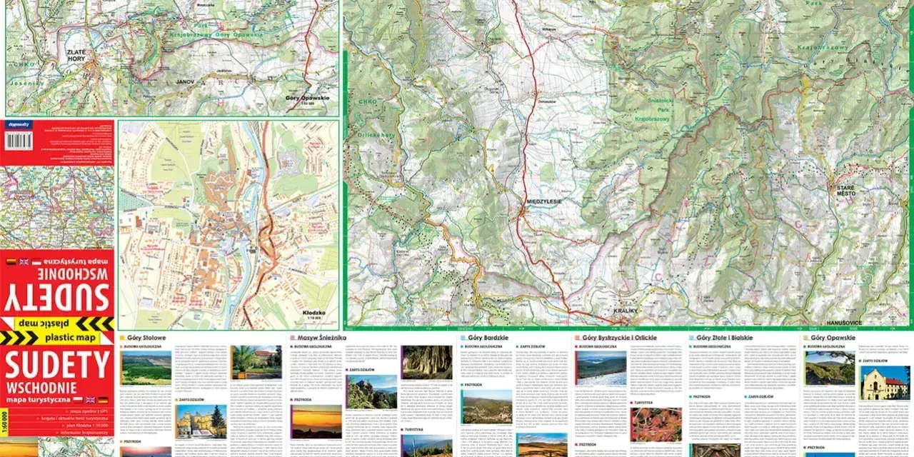 Mapa turystyczna Sudetów Wschodnich z zaznaczonymi szlakami, miastami i atrakcjami.