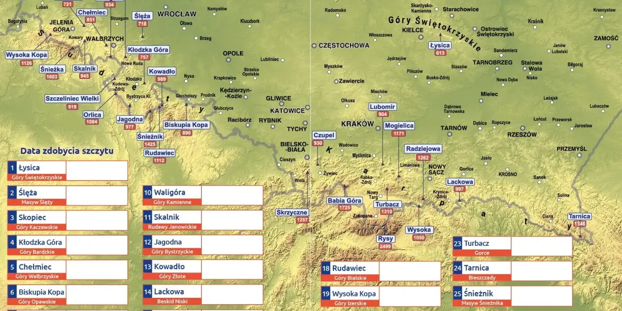 Mapa przedstawia korony gór polskich z zaznaczonymi szczytami i ich wysokościami.