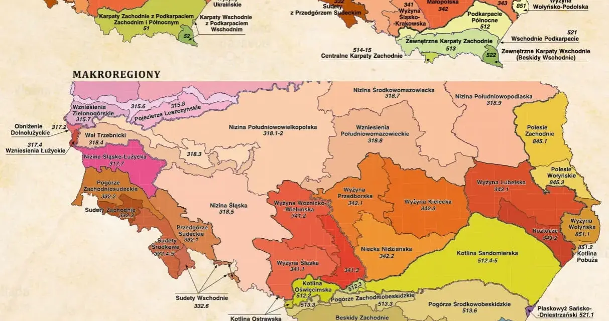 Mapa Polski z podziałem na makroregiony, prowincje i podprowincje. Widoczne Sudety, Karpaty, Wyżyna Małopolska i inne regiony.