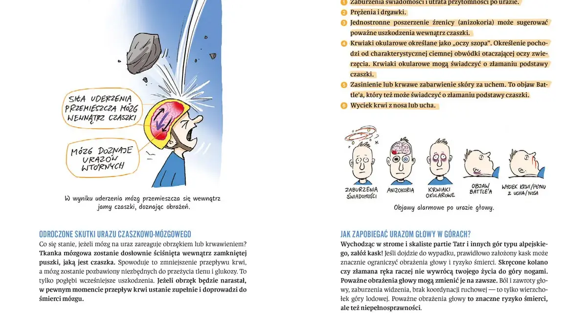 Pierwsza pomoc w górach: ilustracja pokazuje uraz głowy i objawy alarmowe, podkreślając znaczenie kasku.