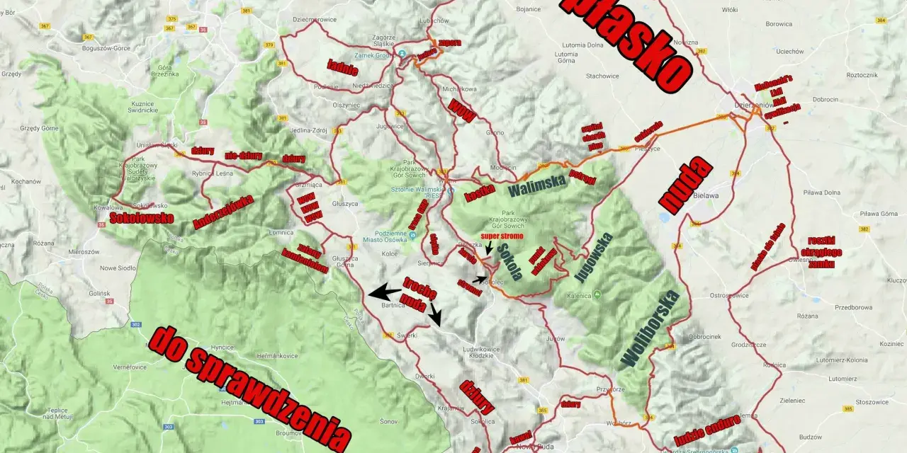 Mapa atrakcji Gór Sowich: od "nudy" po "super stromo", z zaznaczonymi trasami i miejscami do sprawdzenia.