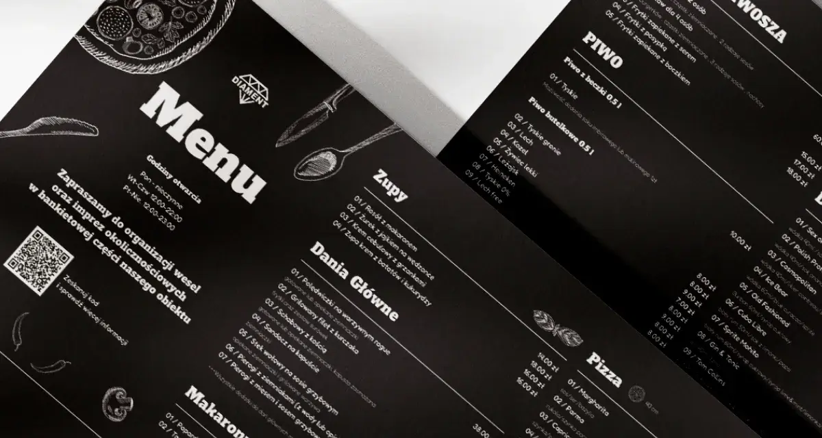 Czarne, eleganckie menu restauracji z rysunkami pizzy i sztućców. Zawiera sekcje: Zupy, Dania Główne, Makaron, Pizza.