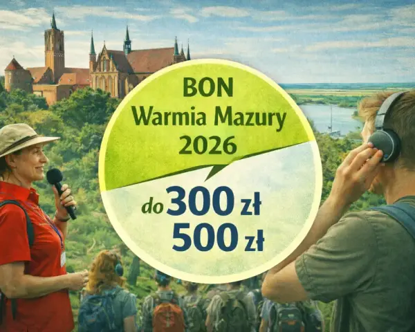 BON Warmia Mazury 2026 do 300-500 zł. Grupa turystów z przewodniczką zwiedza zamek.