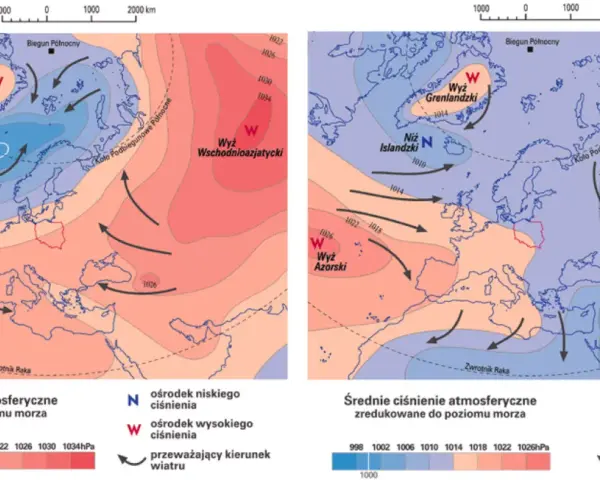 Na mapach widać, gdzie jest wyższe ciśnienie w górach czy nad morze. Lewa mapa pokazuje wyż azorski i niż islandzki, prawa wyż wschodniopółnocnoatlantycki.