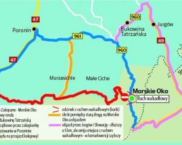Mapa pokazuje, jak dojechać z Bukowiny Tatrzańskiej do Morskiego Oka. Dostępne są różne trasy, w tym objazdy i drogi z ruchem wahadłowym.