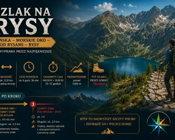 Wędrowiec z plecakiem na tle górskiego jeziora i szczytów. Szlak na Rysy, wymagająca trasa, gdzie najtrudniejsze momenty czekają na szczycie.