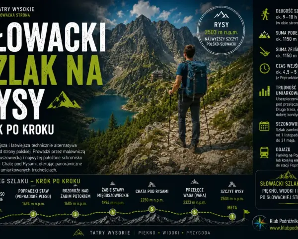 Słowacki szlak na Rysy: turysta z plecakiem na kamienistej ścieżce, w tle jezioro i góry. Opis trasy po słowackiej stronie Tatr.