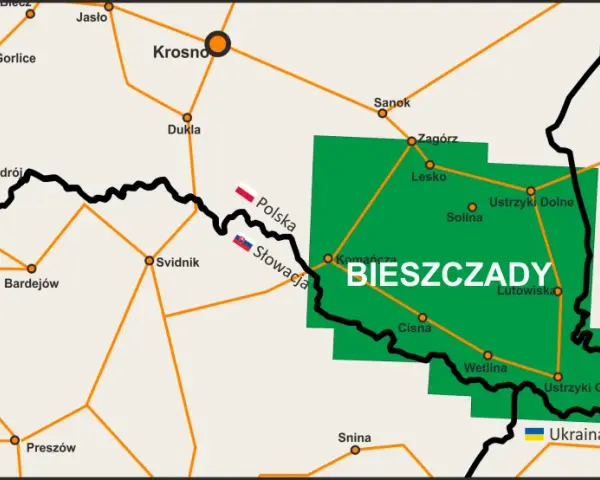Mapa drogowa Bieszczad, województwo podkarpackie. Zaznaczone miasta: Sanok, Lesko, Ustrzyki Dolne, Wetlina, Cisna. Granice z Polską, Słowacją i Ukrainą.