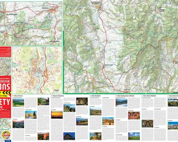 Mapa turystyczna Sudetów Wschodnich z zaznaczonymi szlakami, miastami i atrakcjami.