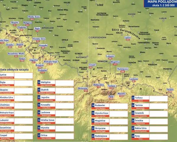 Mapa przedstawia korony gór polskich z zaznaczonymi szczytami i ich wysokościami.