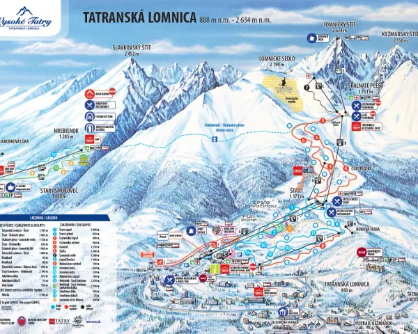 Mapa Tatrancí s vyznačenými sjezdovkami, lanovkami a turistickými cíli.