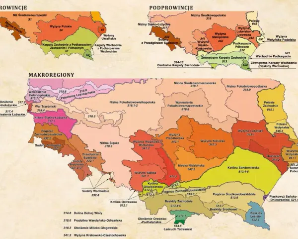 Mapa Polski z podziałem na makroregiony, prowincje i podprowincje. Widoczne Sudety, Karpaty, Wyżyna Małopolska i inne regiony.