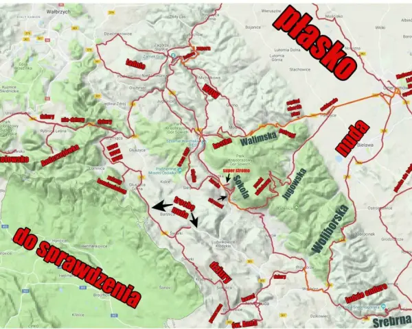 Mapa atrakcji Gór Sowich: od "nudy" po "super stromo", z zaznaczonymi trasami i miejscami do sprawdzenia.