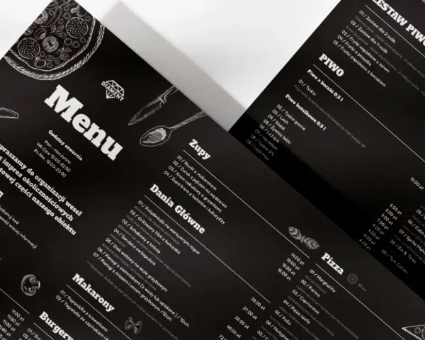 Czarne, eleganckie menu restauracji z rysunkami pizzy i sztućców. Zawiera sekcje: Zupy, Dania Główne, Makaron, Pizza.