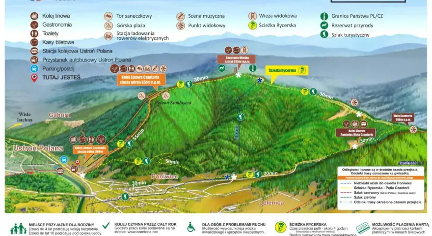 Mapa turystyczna Czantorii z zaznaczonymi atrakcjami: kolej linowa, wieża widokowa, ścieżka Rycerska.
