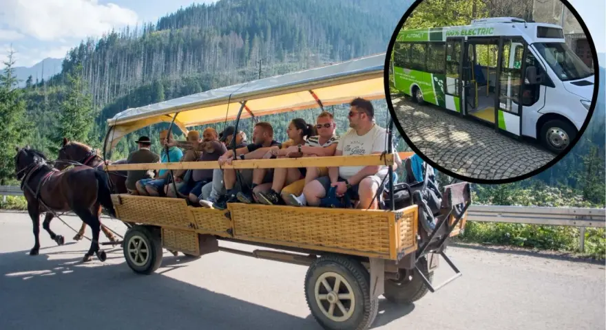 Tradycyjny wóz konny i nowoczesny bus elektryczny w Bukowinie Tatrzańskiej. Sprawdź cennik przejazdu do Morskiego Oka.