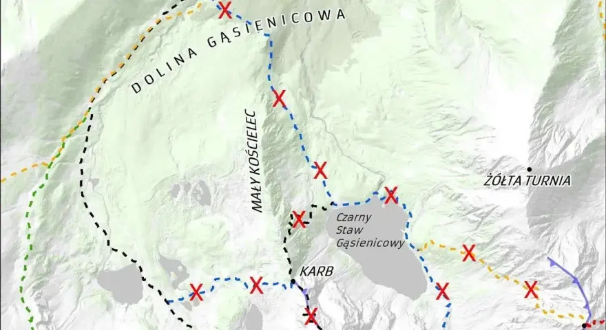 Mapa Tatr z zaznaczonymi czerwonymi krzyżykami, wskazującymi na **zamknięte szlaki Tatry**. Widoczne nazwy: Dolina Gąsienicowa, Mały Kościelec, Czarny Staw Gąsienicowy.