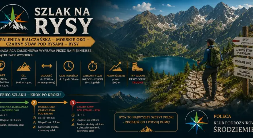 Wędrowiec z plecakiem na tle górskiego jeziora i szczytów. Szlak na Rysy, wymagająca trasa, gdzie najtrudniejsze momenty czekają na szczycie.