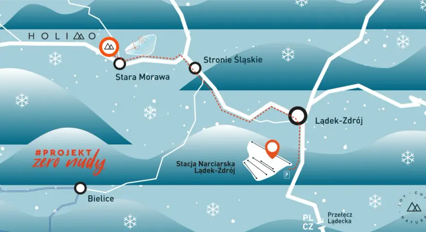 Mapa z zaznaczonymi miejscowościami: Lądek-Zdrój, Stronie Śląskie, Stara Morawa, Bielice i stacją narciarską.