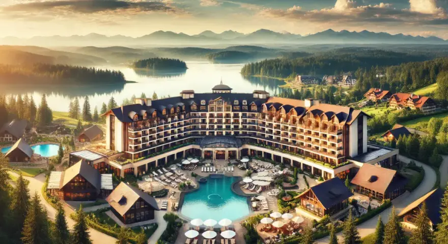Luksusowy resort w otoczeniu gór i lasów, z basenem i licznymi domkami. To miejsce, gdzie można odpocząć i poczuć, co to znaczy resort.