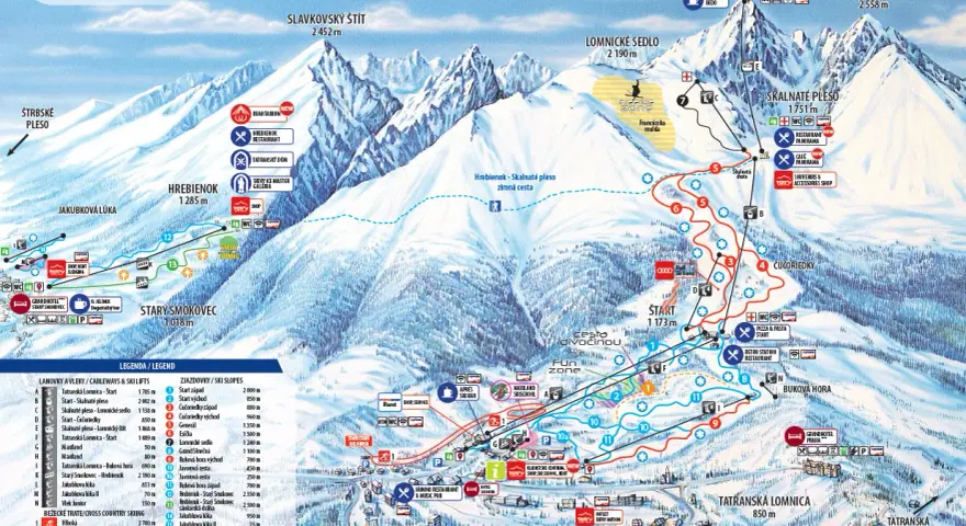 Mapa Tatrancí s vyznačenými sjezdovkami, lanovkami a turistickými cíli.