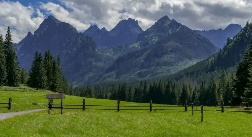 Tatry Słowackie: zielona polana, drewniane ogrodzenie i skaliste szczyty w tle.