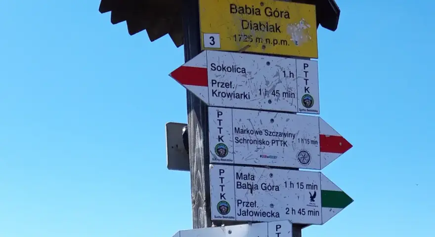 Rozdroże szlaków turystycznych na Babiej Górze. Widać drogowskazy na Przeł. Krowiarki, Markowe Szczawiny i Małą Babią Górę.