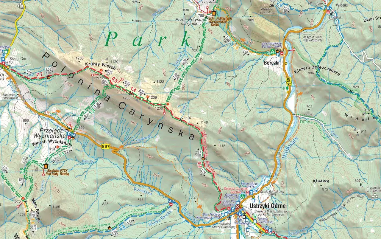 Mapa turystyczna Bieszczady województwo. Widok na Połoninę Caryńską, Bereżki, Ustrzyki Górne i szlaki górskie.
