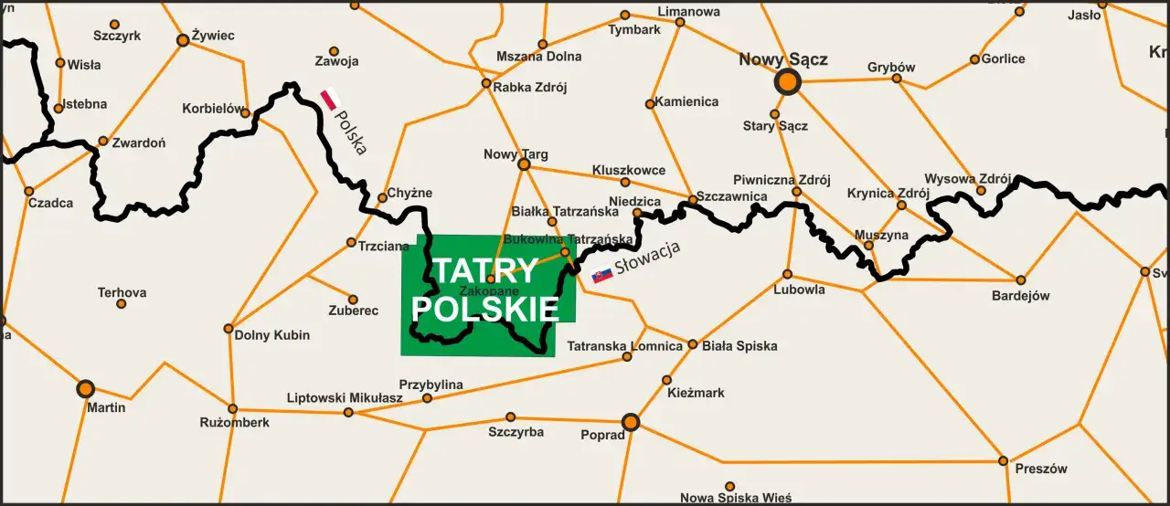 Mapa pokazuje, gdzie są Tatry Polskie, z Zakopanem jako centrum. Widoczne są też słowackie miejscowości.