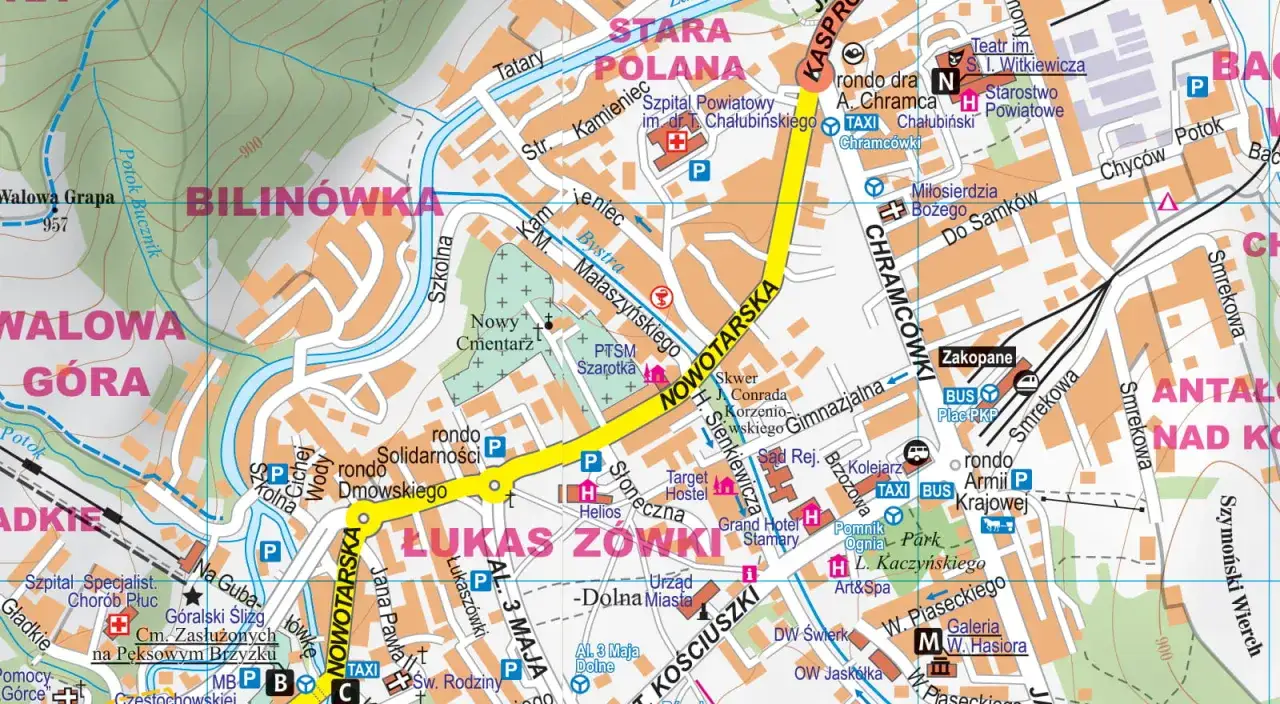 Słowacja atrakcje blisko Zakopanego: mapa pokazuje szlaki turystyczne, drogi i obiekty w okolicy, w tym Tatry i tereny Słowacji.