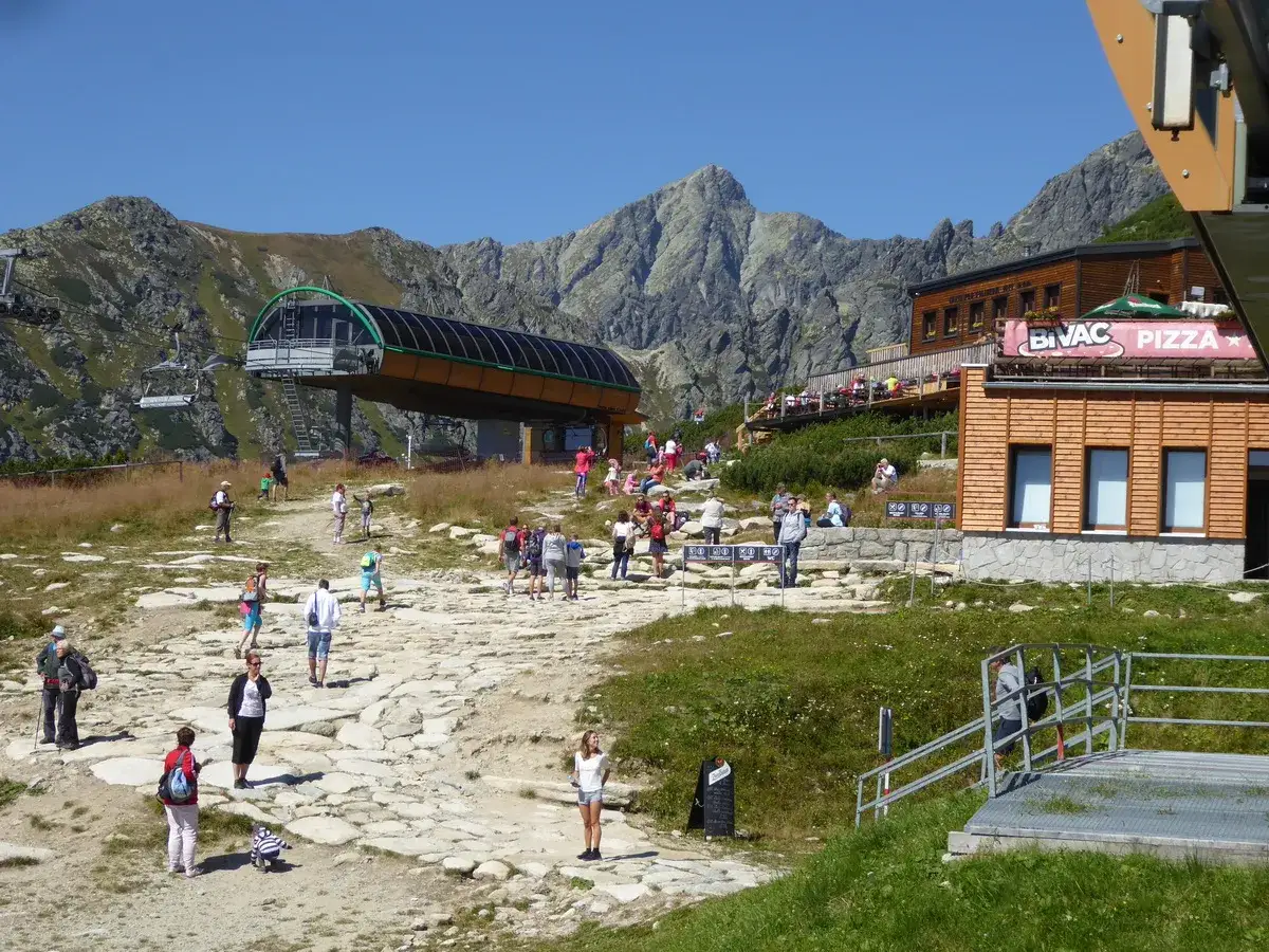 Słowackie Tatry latem: kolejka linowa, restauracja z pizzą i turyści na kamienistej ścieżce.