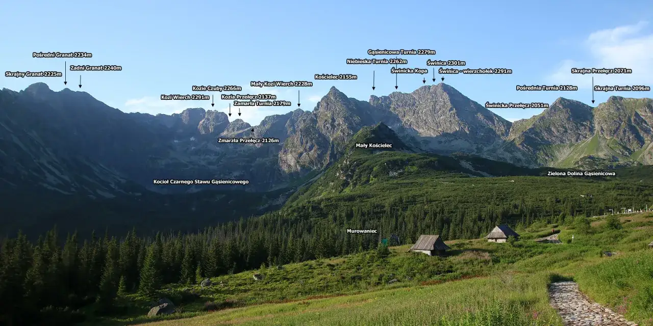 Widok na Tatry Wysokie, gdzie zawrót od hali gąsienicowej ukazuje majestatyczne szczyty: Kościelec, Świnica, Granaty.