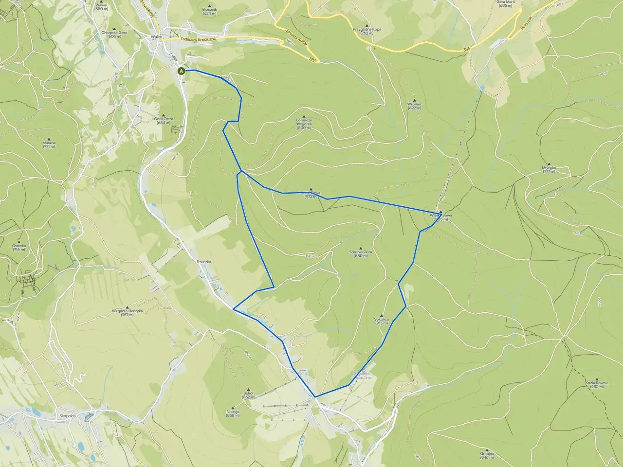 Mapa turystyczna z zaznaczoną trasą przez góry Sowie. Widoczne szczyty: Wielka Sowa, Sokólica, Grabina.