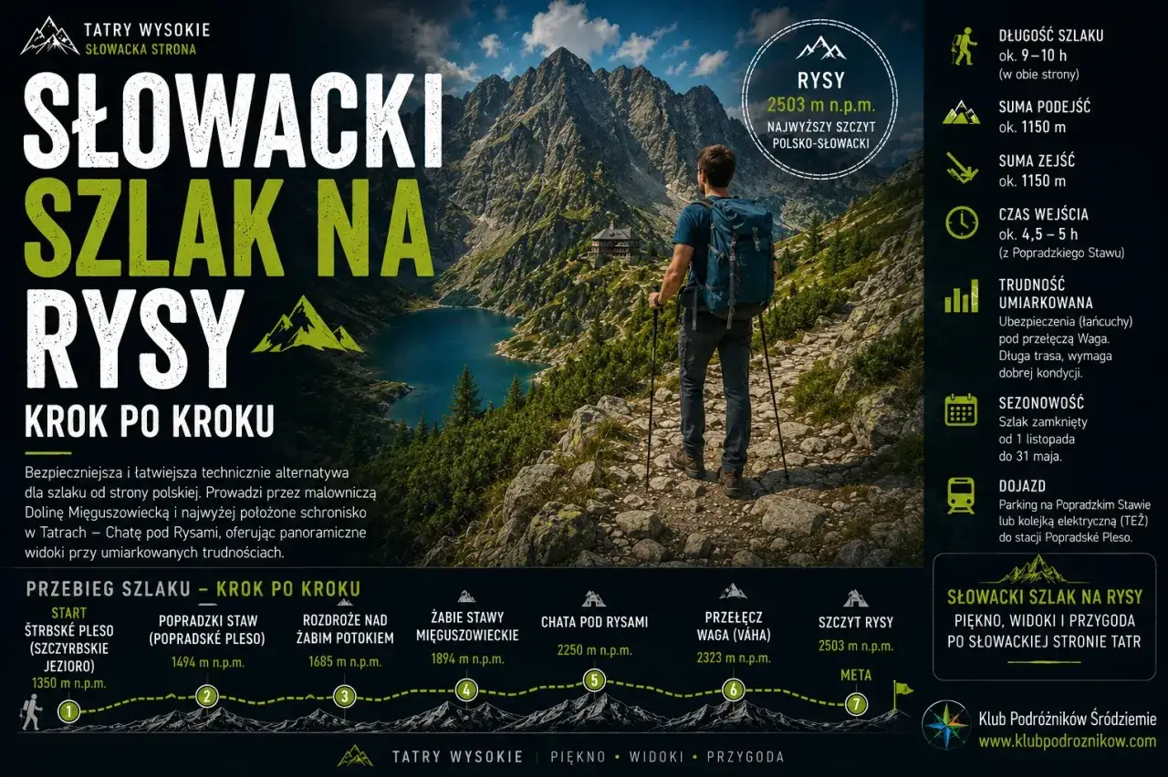 Słowacki szlak na Rysy: turysta z plecakiem na kamienistej ścieżce, w tle jezioro i góry. Opis trasy po słowackiej stronie Tatr.
